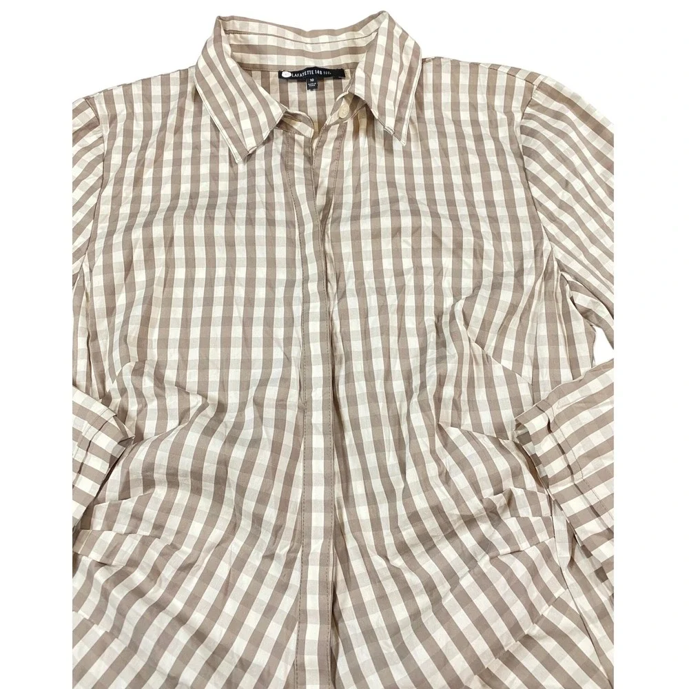 Lafayette 148 New York Taupe Gingham Check Hidden Button Down Shirt Size 10 - Picture 2 of 9